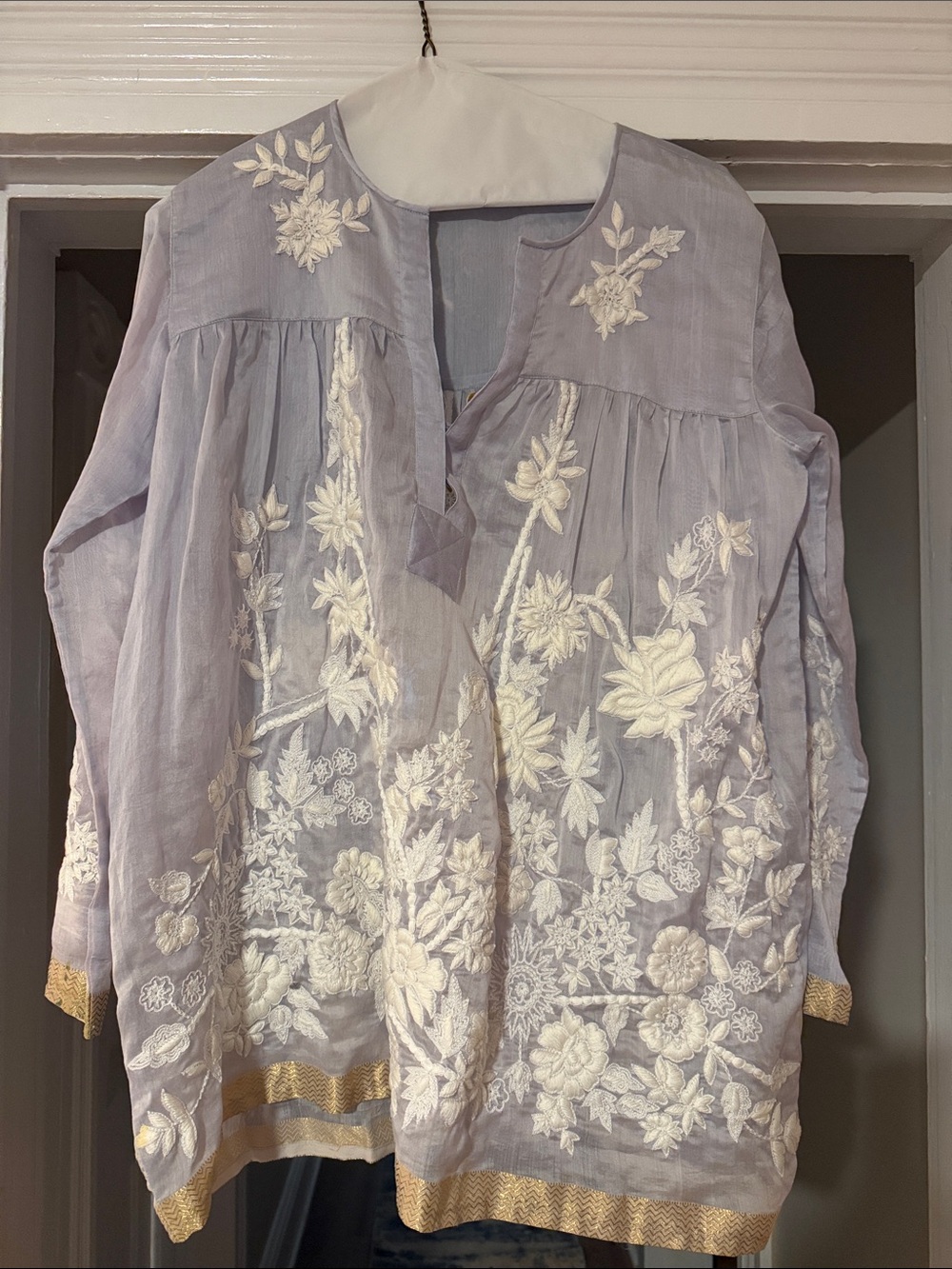 Lavender Embroidered Floral Tunic Top with Gold Trim